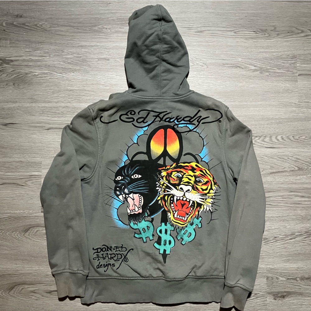Vintage Don Ed Hardy designs Gray Zip-Up Hoodie crazy fade mens medium
